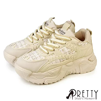 【Pretty】女 休閒鞋 老爹鞋 異材質 厚底 綁帶 韓國製 EU36 卡其色2