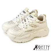【Pretty】女 休閒鞋 老爹鞋 異材質 厚底 綁帶 韓國製 EU39 米色5
