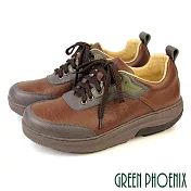 【GREEN PHOENIX】男 休閒鞋 厚底鞋 真皮 綁帶 輕量彈力厚底 磁石震動 會呼吸的鞋 EU40 綠色