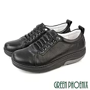 【GREEN PHOENIX】男 休閒鞋 工作鞋 厚底鞋 真皮 免綁鞋帶 輕量彈力厚底 磁石震動 會呼吸的鞋 EU41 黑色