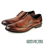 【GREEN PHOENIX】男 紳士鞋 商務鞋 皮鞋 德比鞋 真皮 翼紋雕花 牛津 防潑水 EU40 咖啡色