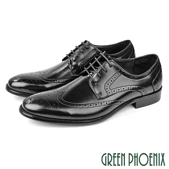 【GREEN PHOENIX】男 紳士鞋 商務鞋 皮鞋 德比鞋 真皮 翼紋雕花 牛津 防潑水 EU39 黑色
