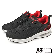 【Pretty】男 運動鞋 休閒鞋 氣墊 厚底 輕量 綁帶 JP26.5 黑紅色