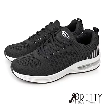 【Pretty】男 運動鞋 休閒鞋 氣墊 厚底 輕量 綁帶 JP25.5 黑白色