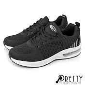 【Pretty】男 運動鞋 休閒鞋 氣墊 厚底 輕量 綁帶 JP26.5 黑白色