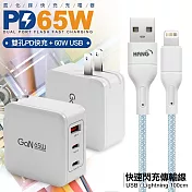 CB 65W GaN 氮化鎵 快速充電器-白+高密度編織線USB-iphone/ipad/Lightning-100cm 藍線