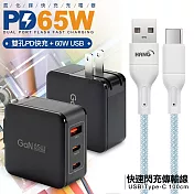CB 65W GaN 氮化鎵 快速充電器-黑+高密編織線USB to Type-C充電線-100cm 藍線