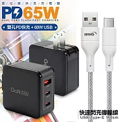 CB 65W GaN 氮化鎵 快速充電器-黑+高密編織線USB to Type-C充電線-100cm 灰線