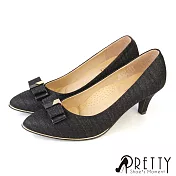 【Pretty】女 大尺碼 高跟鞋 宴會鞋 金蔥 法式蝴蝶結 尖頭 台灣製 JP25.5 黑色