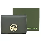 LONGCHAMP BOX-TROT系列小牛皮金屬LOGO三折短夾 卡其綠
