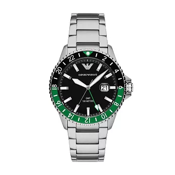 EMPORIO ARMANI 機密特務GMT時尚腕錶-銀X黑綠
