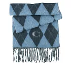 COACH C Logo 拼色菱格紋羊毛圍巾 (霧藍/深藍色)