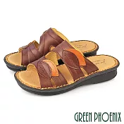 【GREEN PHOENIX】女 拖鞋 厚底 小坡跟 全真皮 牛皮 台灣製 EU36 咖啡色