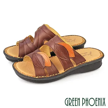 【GREEN PHOENIX】女 拖鞋 厚底 小坡跟 全真皮 牛皮 台灣製 EU38 咖啡色