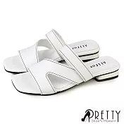 【Pretty】女 拖鞋 方頭 鏤空 粗跟 低跟 台灣製 JP23 白色