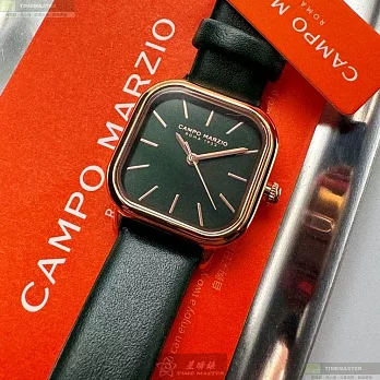 CAMPO MARZIO凱博馬爾茲精品錶,編號：CMW0015,26mm方形玫瑰金精鋼錶殼墨綠色錶盤真皮皮革綠錶帶