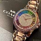 COACH蔻馳精品錶,編號：CH00191,36mm圓形玫瑰金精鋼錶殼彩虹錶盤精鋼玫瑰金色錶帶