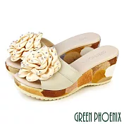【GREEN PHOENIX】女 拖鞋 厚底拖鞋 楔型拖鞋 全真皮 輕量 牛皮 茶花 台灣製 JP24 米色