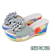 【GREEN PHOENIX】女 拖鞋 厚底拖鞋 楔型拖鞋 全真皮 輕量 牛皮 茶花 台灣製 JP22 淺灰色