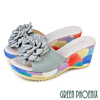 【GREEN PHOENIX】女 拖鞋 厚底拖鞋 楔型拖鞋 全真皮 輕量 牛皮 茶花 台灣製 JP22 淺灰色