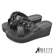 【Pretty】女 拖鞋 厚底拖鞋 楔型拖鞋 輕量 台灣製 JP24 黑色