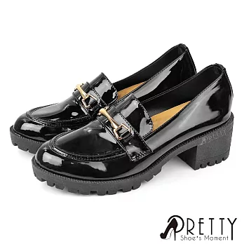 【Pretty】女 樂福鞋 小皮鞋 英倫學院風 漆皮 粗跟 馬銜釦 JP23 黑亮