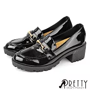 【Pretty】女 樂福鞋 小皮鞋 英倫學院風 漆皮 粗跟 馬銜釦 JP25 黑亮