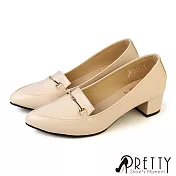 【Pretty】女 跟鞋 樂福鞋 尖頭 粗跟 馬銜釦 EU37 米色