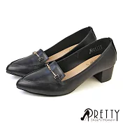 【Pretty】女 跟鞋 樂福鞋 尖頭 粗跟 馬銜釦 EU40 黑色