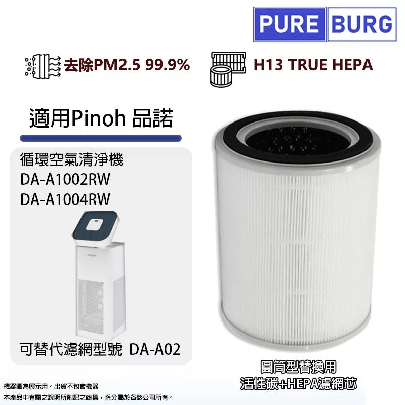 適用Pinoh 品諾DA-A1002RW DA-A1004RW循環空氣清淨機活性碳HEPA濾網濾芯替代型號 DA-A02