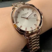 COACH蔻馳精品錶,編號：CH00196,34mm圓形玫瑰金精鋼錶殼銀白色錶盤精鋼玫瑰金色錶帶