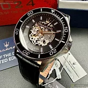 MASERATI瑪莎拉蒂精品錶,編號：R8821140003,44mm圓形銀精鋼錶殼黑色雙面機械鏤空錶盤真皮皮革深黑色錶帶