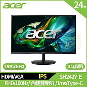 Acer SH242Y E 24型超薄Type-C寬螢幕(FHD,100Hz,1ms,IPS)