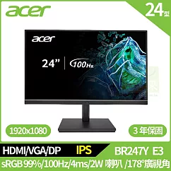 Acer BR247Y E3 24型抗閃無反射螢幕(IPS，VGA，DP，HDMI，2Wx2，100Hz)