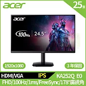 Acer KA252Q E0 25型100hz護眼抗閃螢幕(FHD,100Hz,HDMI,VGA,IPS)