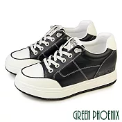 【GREEN PHOENIX】女 休閒鞋 真皮 顯瘦 直套式 免綁鞋帶 厚底 內增高 EU36 黑色