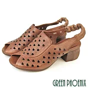 【GREEN PHOENIX】女 涼鞋 魚口鞋 粗跟 中跟 真皮 EU36 棕色