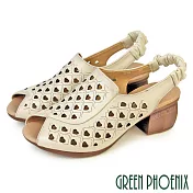 【GREEN PHOENIX】女 涼鞋 魚口鞋 粗跟 中跟 真皮 EU38 米色