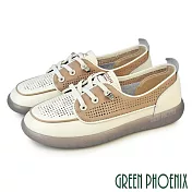【GREEN PHOENIX】女 休閒鞋 真皮 直套式 免綁鞋帶 平底 JP23 淺棕色
