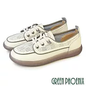 【GREEN PHOENIX】女 休閒鞋 真皮 直套式 免綁鞋帶 平底 JP25 米色