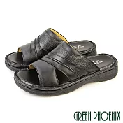 【GREEN PHOENIX】男 拖鞋 全真皮 牛皮 吸震減壓 手縫 厚底 台灣製 US9 黑色