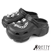 【Pretty】女 洞洞鞋 雨鞋 穆勒鞋 布希鞋 涼拖鞋 兩穿 鞋釦 防水 輕量 厚底 JP24 黑色