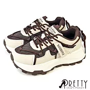 【Pretty】女 運動鞋 休閒鞋 老爹鞋 厚底 綁帶 異材質 拼接 EU36 米色
