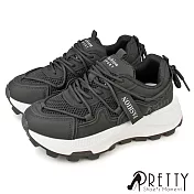 【Pretty】女 運動鞋 休閒鞋 老爹鞋 厚底 綁帶 異材質 拼接 EU39 黑色