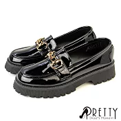 【Pretty】女 樂福鞋 小皮鞋 英倫學院風 漆皮 鋸齒 厚底 台灣製 JP24 黑亮