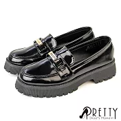 【Pretty】女 樂福鞋 小皮鞋 漆皮 鋸齒 厚底 英倫學院風 台灣製 JP23 黑色