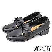 【Pretty】女 樂福鞋 跟鞋 便鞋 粗跟 中跟 方頭 蝴蝶結 OL通勤 上班 面試 台灣製 JP23.5 黑色