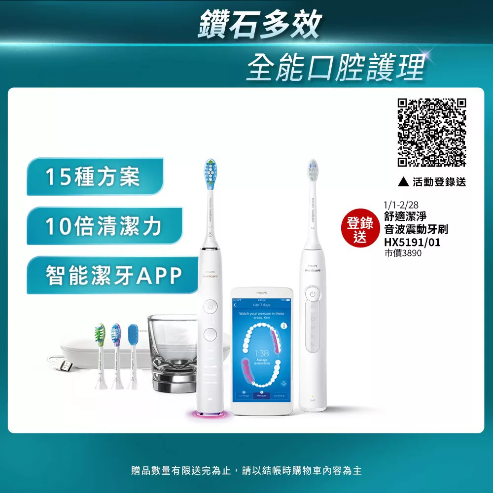 【Philips飛利浦】Sonicare Smart 鑽石靚白智能音波震動牙刷/電動牙刷(HX9924/02)+加碼送 智能刷頭6入+Godiva片裝巧克力+飲品兌換券 晶鑽白