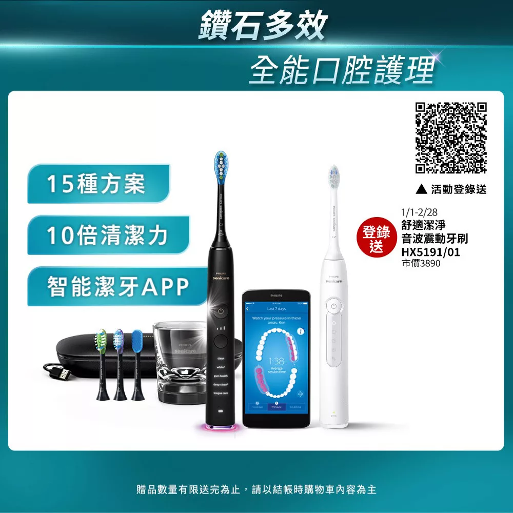 【Philips飛利浦】Sonicare Smart 鑽石靚白智能音波震動牙刷/電動牙刷(HX9924/12)+加碼送 智能刷頭6入+Godiva片裝巧克力+飲品兌換券 爵士黑