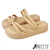 【Pretty】女 拖鞋 鬆糕 厚底 細線條 韓國進口 JP23 卡其色